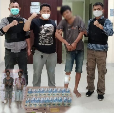 Tersangka Pelaku Peredaran Uang Palsu bersama Barang Bukti diamankan di Satreskrim Polres Labuhanbatu. Foto: Dok. Polres Labuhanbatu. (Collage Linktodays.com)