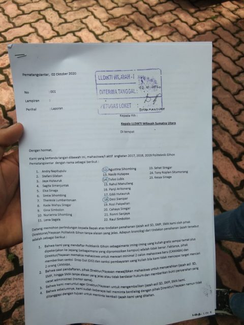 Surat Laporan Mahasiswa Politeknik Gihon Kelada LLDIKTI Medan. Foto: May Luther.