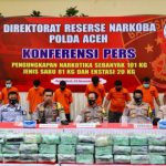 Konferensi pers pengungkapan kasus penyelundupan 101 kilogram narkoba jaringan Malaysia-Aceh di Mapolda Aceh, Selasa (3/11)/2020). Foto: Suparta/acehkini