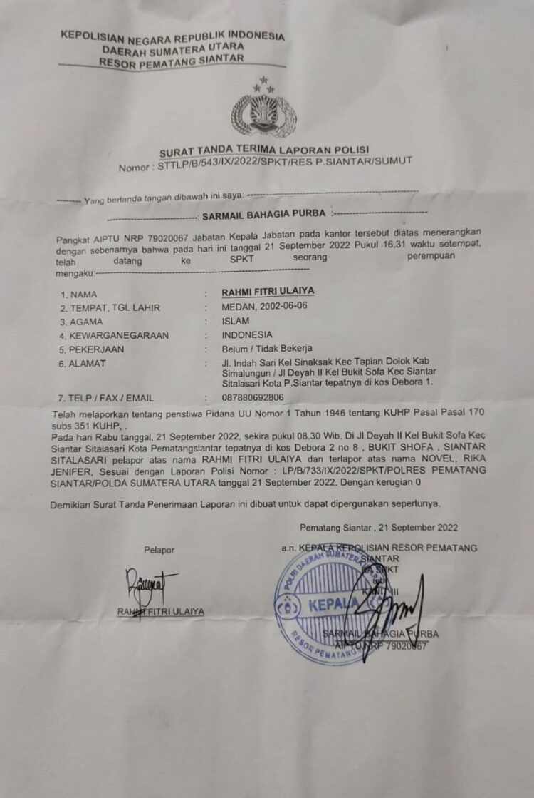 Surat Pengaduan Korban ke Polres Pematang Siantar. Foto: Istimewa.