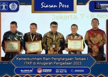 Kemenkumha saat menerima Penghargaan terbaik I ITKP Anungerah Pengadaan 2023. Foto: Dok. Kemenkumham RI.